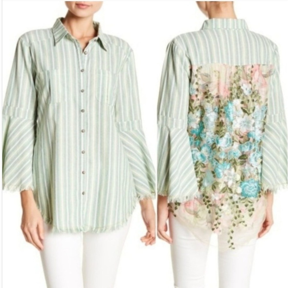 Aratta Silent Journey Blouse Size M Green Stripe Floral Embroidered Boho Cottage